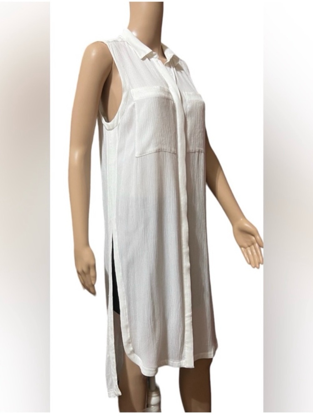 Anthropologie HD in Paris White Sleeveless Tunic Top XS Semi Sheer Button Front - Picture 3 of 11